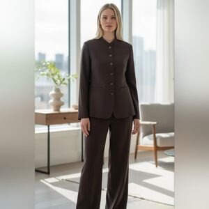 Kasper Dark Brown High-Neck Button Jacket Sz 8 & Wide-Leg Pants Sz6 Suit Set